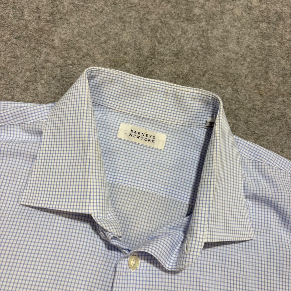 Barneys New York Mens Dress Shirt Blue White Micro Check 16.5 34/35 Cotton
